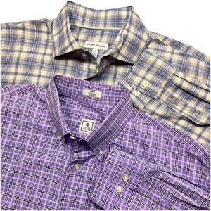 2 Lot Peter Millar Oxford Royal Crown Plaid Button up Shirt Mens Large Cotton